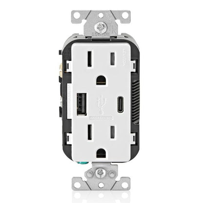 Leviton Tamper-Resistant Outlet, 3-Pack USB Type A/Type-C Wall Outlet Charger, 15 Amp, T5638-B3W, White