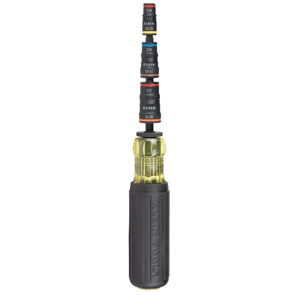 Klein Tools 32910 Impact Driver, 7-in-1 SAE Impact Socket Set with Handle, Flip Socket with 1/4, 5/16, 3/8, 7/16, 1/2 and 9/16-Inch Nut Driver Sizes and 1/4-Inch Bit Holder KLEIN TOOLS