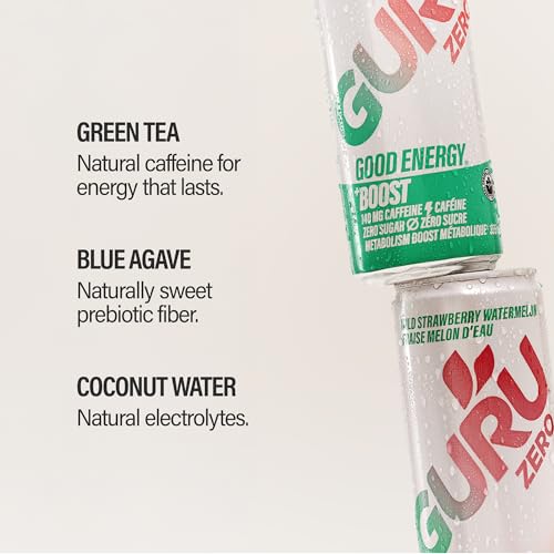 GURU ZERO SUGAR Organic Energy Drink Variety Pack – Plant-Based Caffeine, 140mg per 355mL, 12-Pack