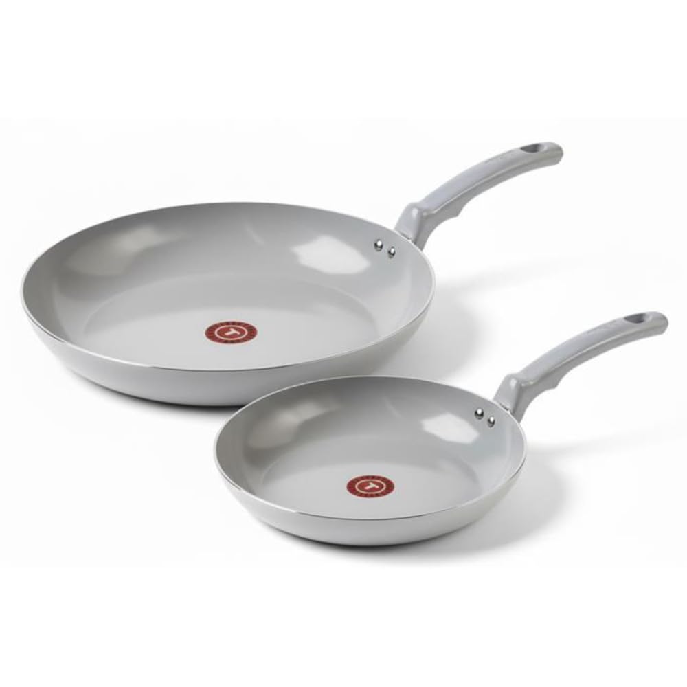 T-FAL Refresh Ceramic Nonstick Fry Pan Set, 2 Pieces, 8 Inch (20 cm) & 10 Inch (26 cm), Eco-Friendly, Durable for Healthy Cooking, Moon Grey T-Fal