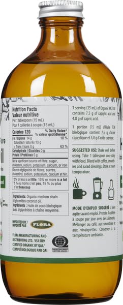 Flora MCT Oil – Organic C8 & C10 Energy Support, Keto-Friendly, Non-GMO, Sustainably Sourced Coconut, 500 mL