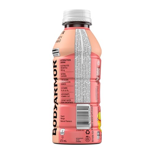 BODYARMOR Lyte Peach Mango Sports Hydration Drink – 473 mL Bottles, 12-Pack with Coconut Water & Electrolytes