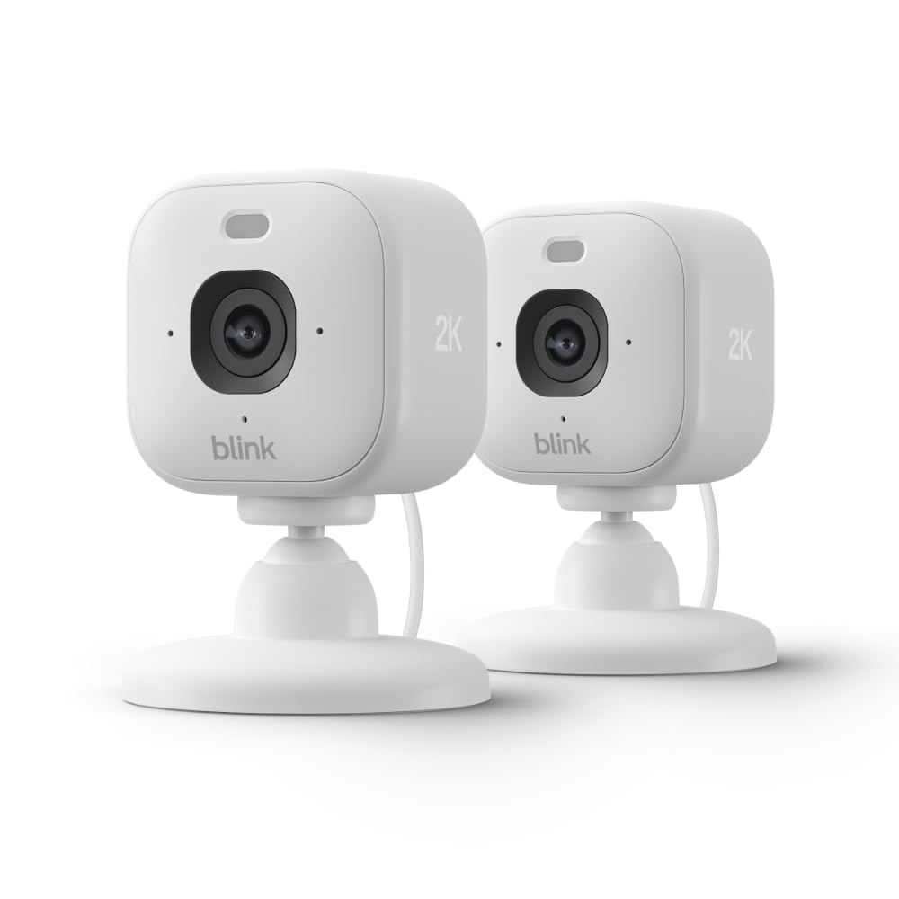 Blink Mini 2K+ (newest model) – Plug-in Home & Pet Security Camera with 2K video resolution, colour night vision, enhanced audio, motion detection – 2 cameras (White)