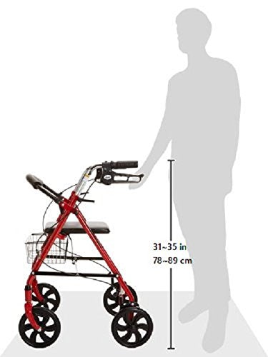 Drive Medical Rollator Walker with Seat - Stable Mobility Support - Height Adjustable - Durable Steel Frame Construction - Smooth 7.5" Wheels - Foldable Frame - 350 Lb Limit - Red