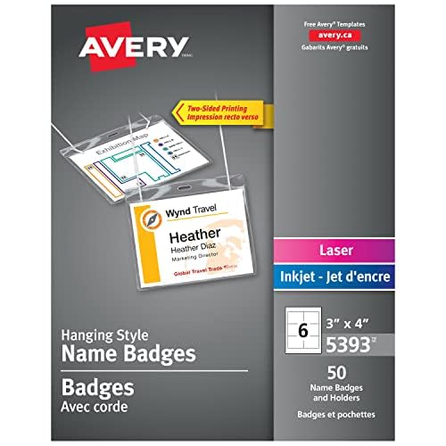 Avery Hanging Name Badge Kit for Laser/Inkjet Printers, 3" x 4", Clear Holders, 50 Badges (5393)