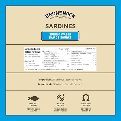 Brunswick Sardines in Spring Water - 18 Pack (106g) | High-Protein Canned Fish with Omega-3