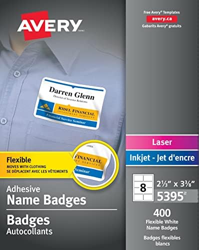 AVERY Flexible Name Badges for Laser and Inkjet Printers, 3-3/8" x 2-1/3", Matte White, Rectangle, 400 Pack (5395)
