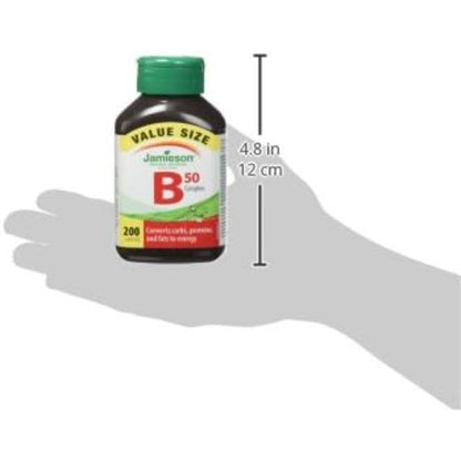 Jamieson Vitamin B50 Complex, Blend of 8 Essential B Vitamins, with Folate for Cellular Health, Supports Energy Production and Metabolism. Vegetarian, Non-GMO. Gluten-Free, Value Size, 200 Caplets, Proudly Canadian - Available at All In One Marketplace Canada