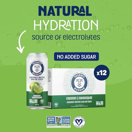 Thirsty Buddha Coconut Water – Natural Electrolytes & Nutrients, No Added Sugar, 12-Pack (12 × 490ml Cans)