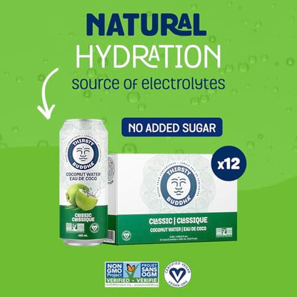 Thirsty Buddha Coconut Water – Natural Electrolytes & Nutrients, No Added Sugar, 12-Pack (12 × 490ml Cans)
