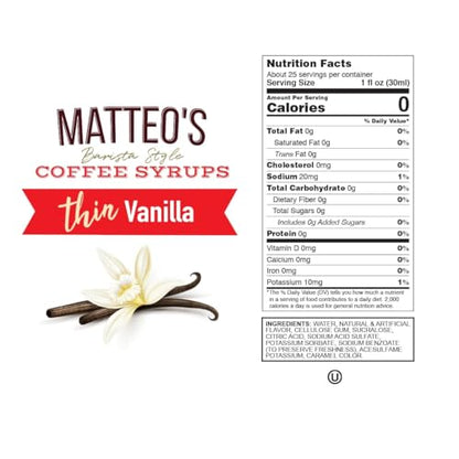 Matteo's Vanilla Barista Coffee Syrup - Sugar Free, Zero Carb, Keto-Friendly - 25.4 Oz Bottle, 6-Pack