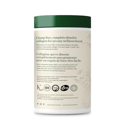 Great Lakes Wellness Grass-Fed Collagen Peptides - Unflavored Hydrolyzed Powder, Non-GMO, Hormone & Antibiotic Free - 454g