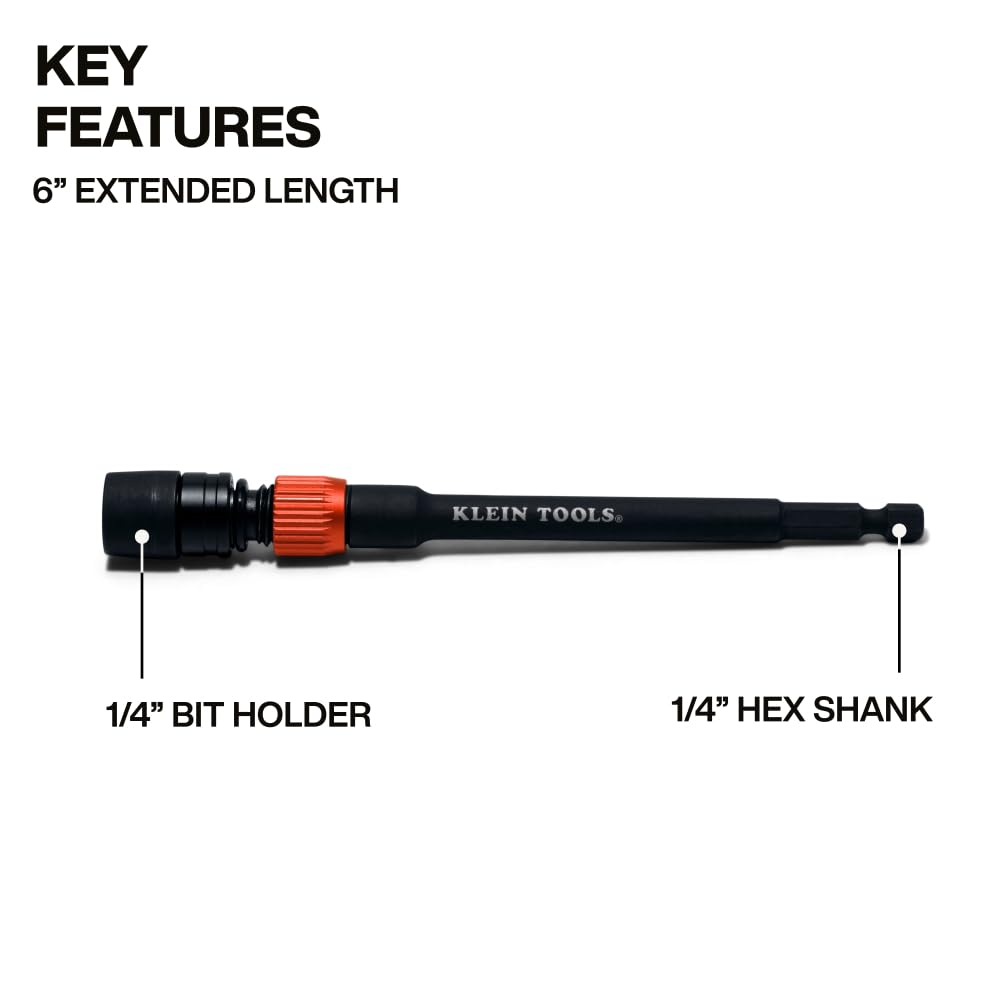 Klein Tools 31088 6-Inch Dual-Lock Extension, 1/4-Inch Hex Shank Impact Bit Holder, Quick-Release Locking Mechanism with Secondary Twist Lock, Compatible with Impact Drivers and Drills