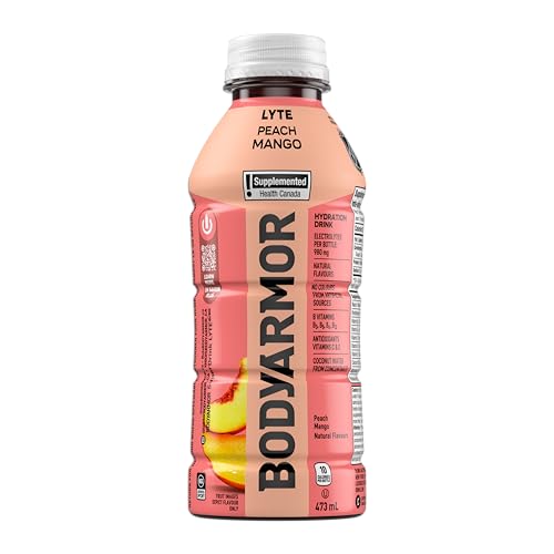 BODYARMOR Lyte Peach Mango Sports Hydration Drink – 473 mL Bottles, 12-Pack with Coconut Water & Electrolytes