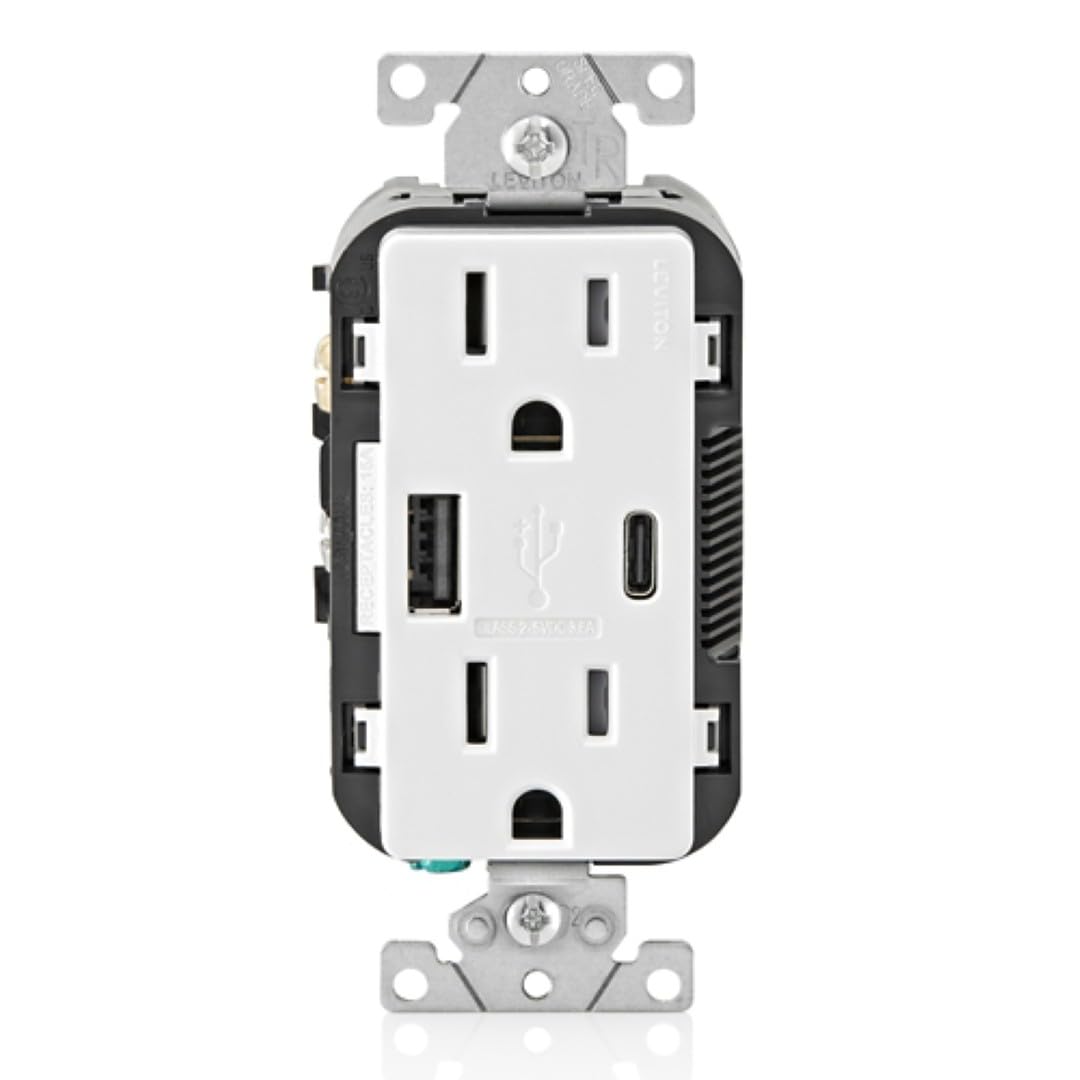 Leviton Tamper-Resistant Outlet, 3-Pack USB Type A/Type-C Wall Outlet Charger, 15 Amp, T5638-B3W, White