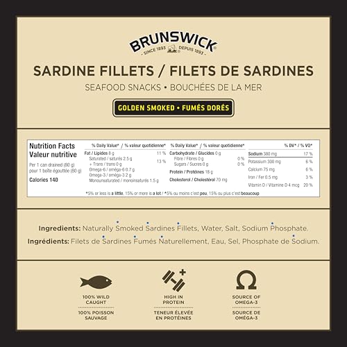 Brunswick Golden Smoked Sardine Fillets - 92g Cans, Pack of 18 | Protein-Rich Seafood Snack with Omega-3 & Vitamin D
