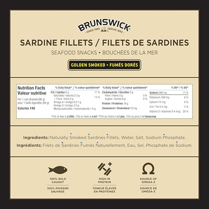 Brunswick Golden Smoked Sardine Fillets - 92g Cans, Pack of 18 | Protein-Rich Seafood Snack with Omega-3 & Vitamin D