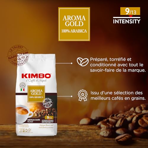 Kimbo Aroma Gold Whole Bean Coffee | Medium-Dark Roast, Intensity 9/13 | 100% Arabica | Italian Roasted & Blended | 1 kg Bag