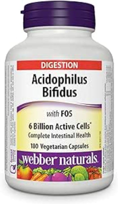 Webber Naturals Acidophilus Bifidus with FOS, 6 Billion Active Cells, 4 Probiotic Strains, 180 Capsules, For Digestive Health, Vegetarian - Available at All In One Marketplace Canada