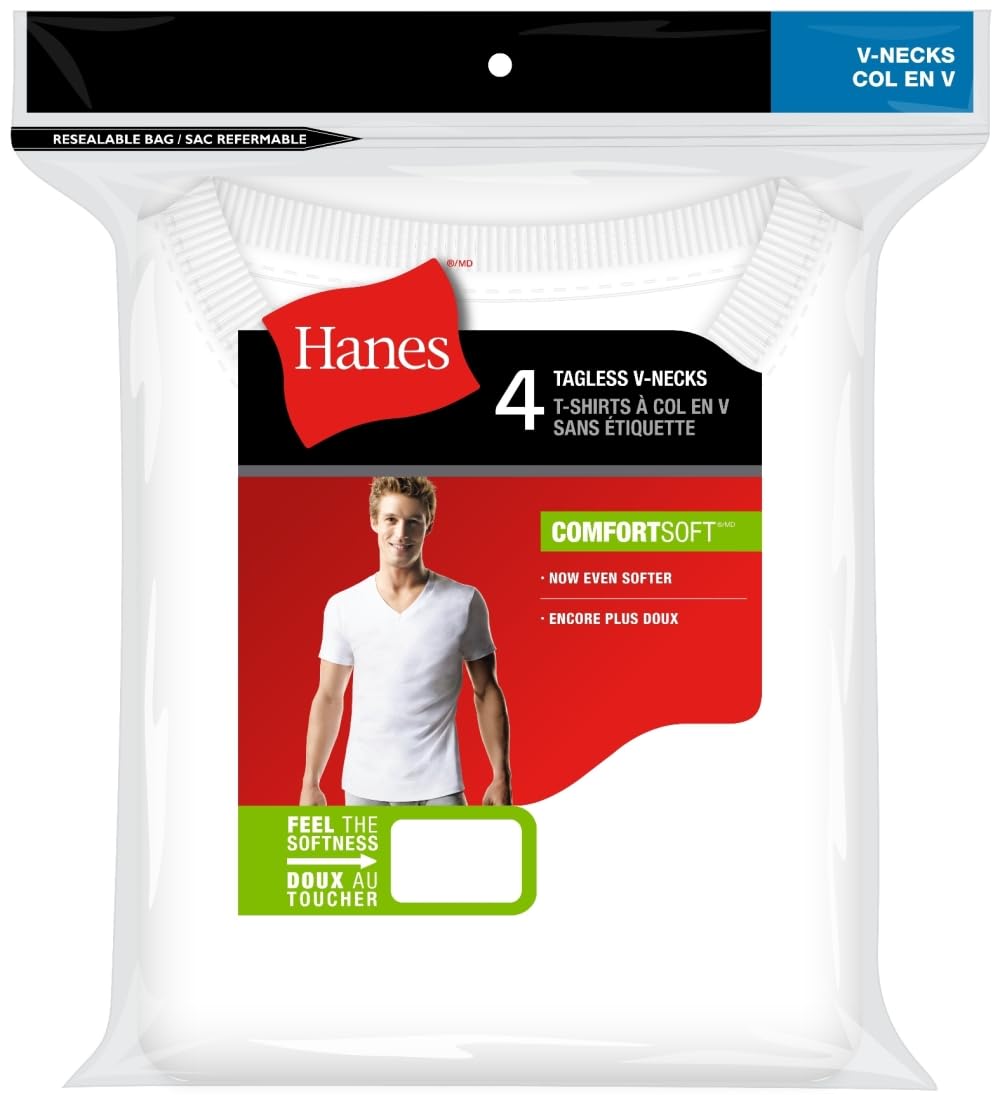 Hanes Men's ComfortSoft 4 Pack FreshIQ Cotton V-Neck T-Shirt, White, X Large 🍁 All In One Marketplace Canada