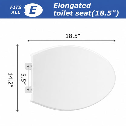 Elongated Toilet Seat, Not Round, Slow Close, White Plastic, 18.5”