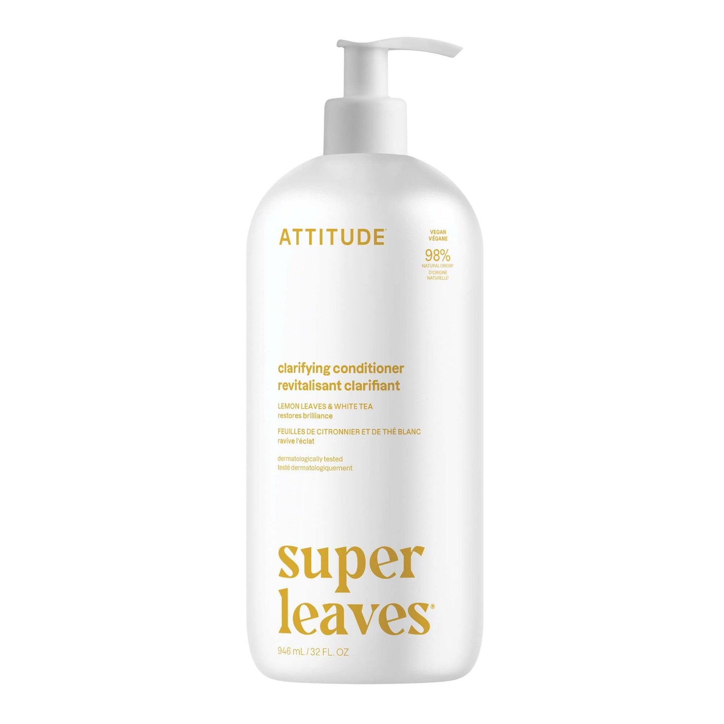 ATTITUDE Clarifying Hair Conditioner, Restores Shine, Naturally Derived Ingredients, Vegan Detangler, Dermatologically Tested, Lemon Leaves and White Tea, 946 mL