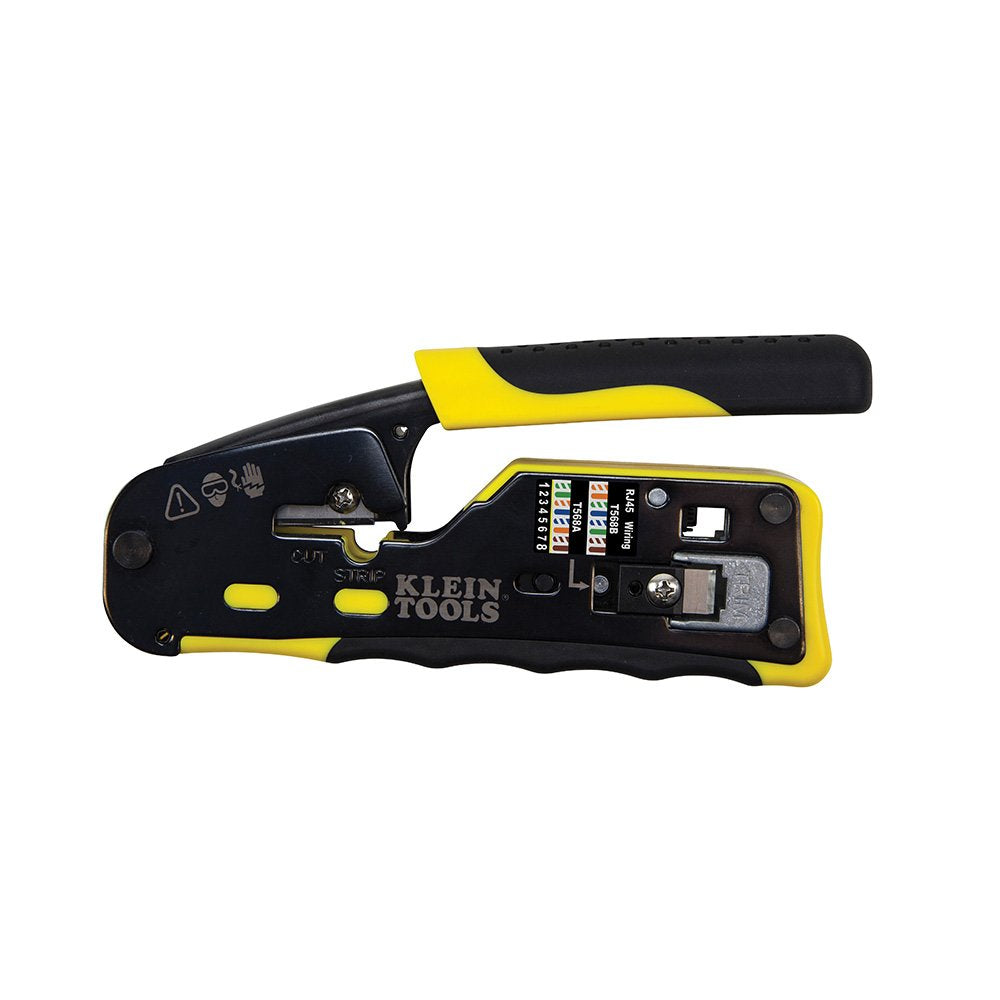 Klein Tools VDV226-110 Ratcheting Modular Data Cable Crimper/Wire Stripper/Wire Cutter for RJ11/RJ12 Standard, RJ45 Pass-Thru Connectors KLEIN TOOLS