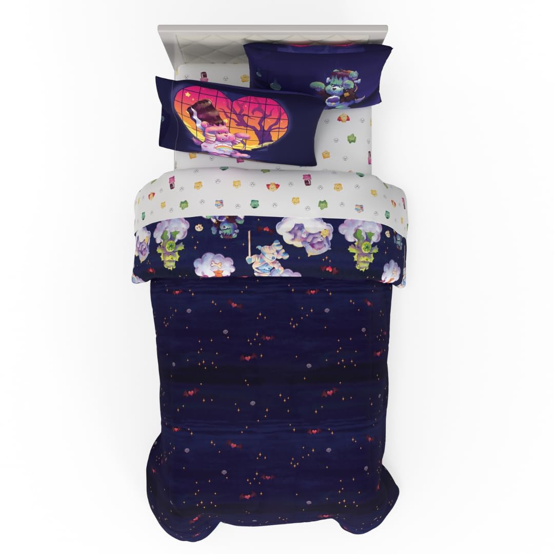 Parure de lit Franco Care Bears x Universal Monsters pour Halloween, 5 pièces, ultra-douce et confortable, avec couette réversible, draps et taie d'oreiller, taille lit simple, (produit sous licence officielle)