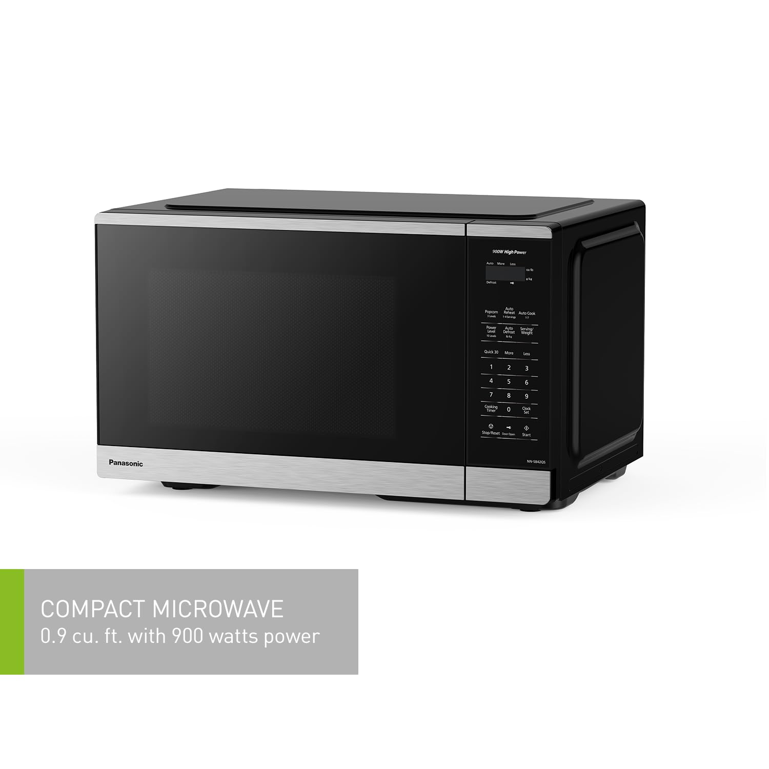Panasonic NNSB42QSC Compact 900 W High Power Microwave Oven, 7 Auto Cook Menus, 0.9 cft. Interior Capacity, Child Lock, Stainless Steel, Black Panasonic