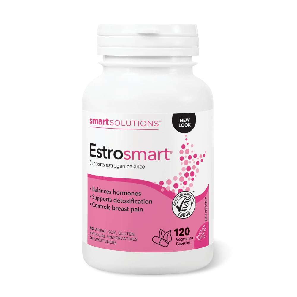 Smart Solutions Estrosmart Vegetarian Capsules, Balances Hormones, Supports Estrogen Metabolism, and Controls Breast Pain. With Calcium D-Glucarate, and DIM, Gluten-Free, Soy-Free, No Artificial Preservatives or Sweeteners, 120 Count - Available at All In One Marketplace Canada