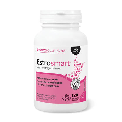Smart Solutions Estrosmart Vegetarian Capsules, Balances Hormones, Supports Estrogen Metabolism, and Controls Breast Pain. With Calcium D-Glucarate, and DIM, Gluten-Free, Soy-Free, No Artificial Preservatives or Sweeteners, 120 Count - Available at All In One Marketplace Canada