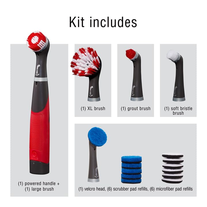 Rubbermaid Reveal Cordless Battery Power Scrubber Home Kit, 18 Pieces, Red, Multi-Purpose Scrub Brush Cleaner for Grout/Tile/Bathroom/Shower/Bathtub, Water Resistant, Lightweight, Ergonomic Grip