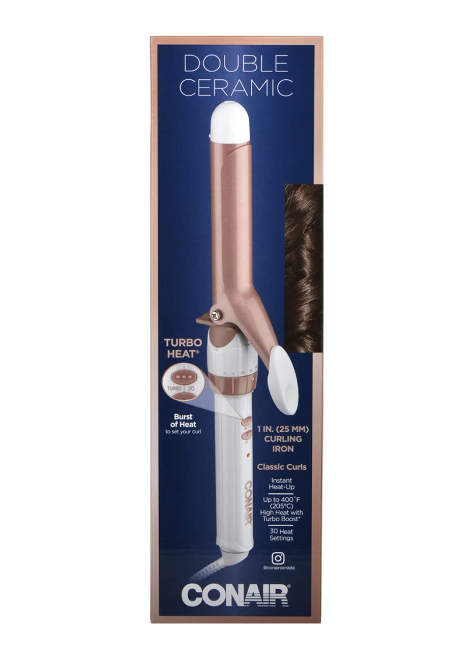 Conair CD701GNC Double Ceramic 1-Inch Curling Iron, produces long lasting curls – for short, medium, and long hair, High heat 375°F, Instant heat up, Anti-frizz control, Dual voltage Hair Curler