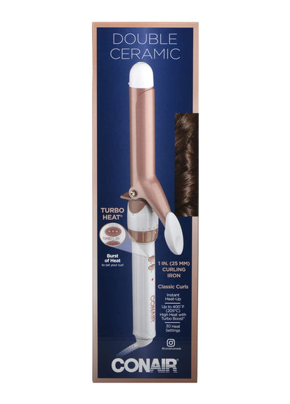 Conair CD701GNC Double Ceramic 1-Inch Curling Iron, produces long lasting curls – for short, medium, and long hair, High heat 375°F, Instant heat up, Anti-frizz control, Dual voltage Hair Curler