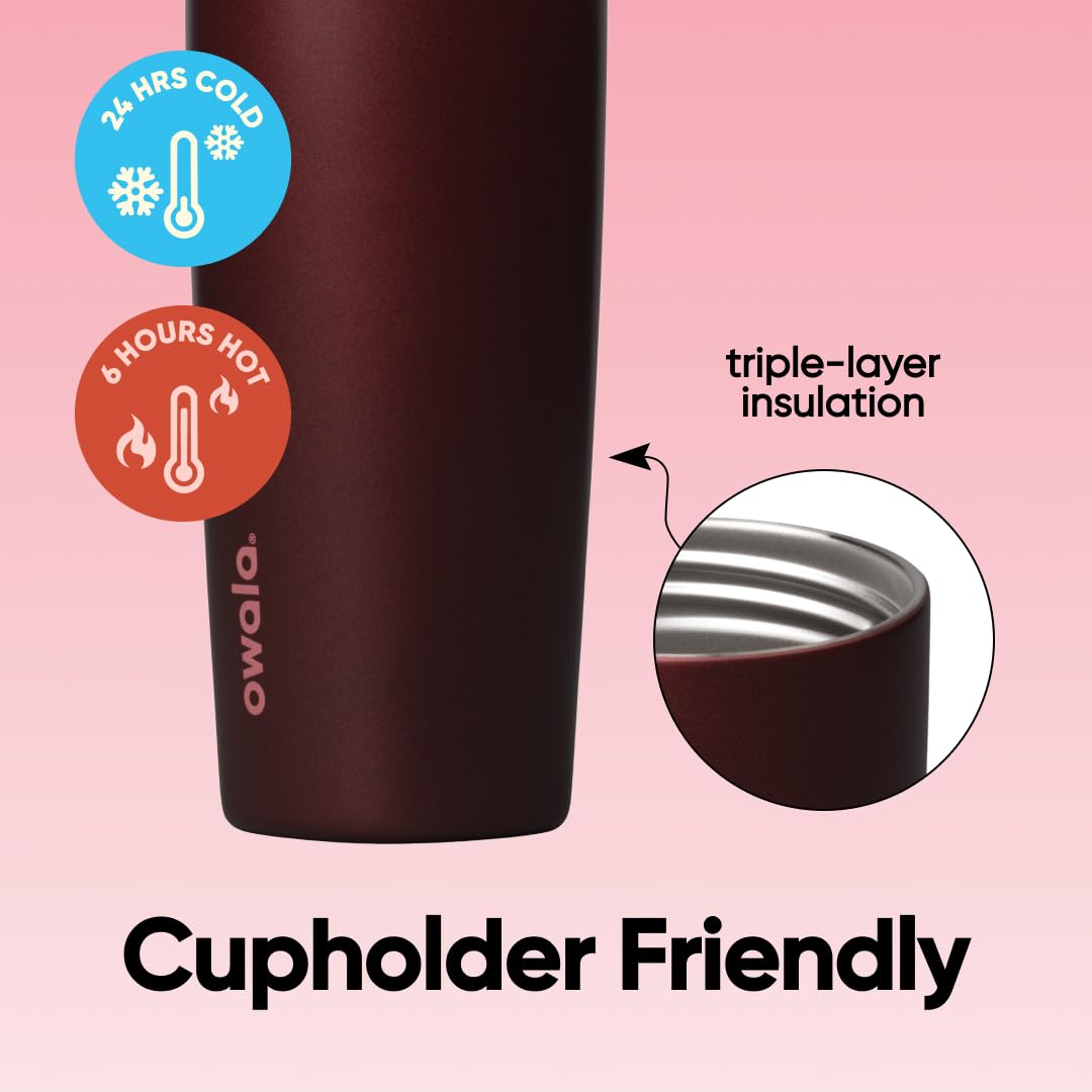 Owala SmoothSip Slider Insulated Stainless Steel Coffee Tumbler, Reusable Iced Coffee Cup, Hot Coffee Travel Mug, BPA Free 20 oz, Black Cherry