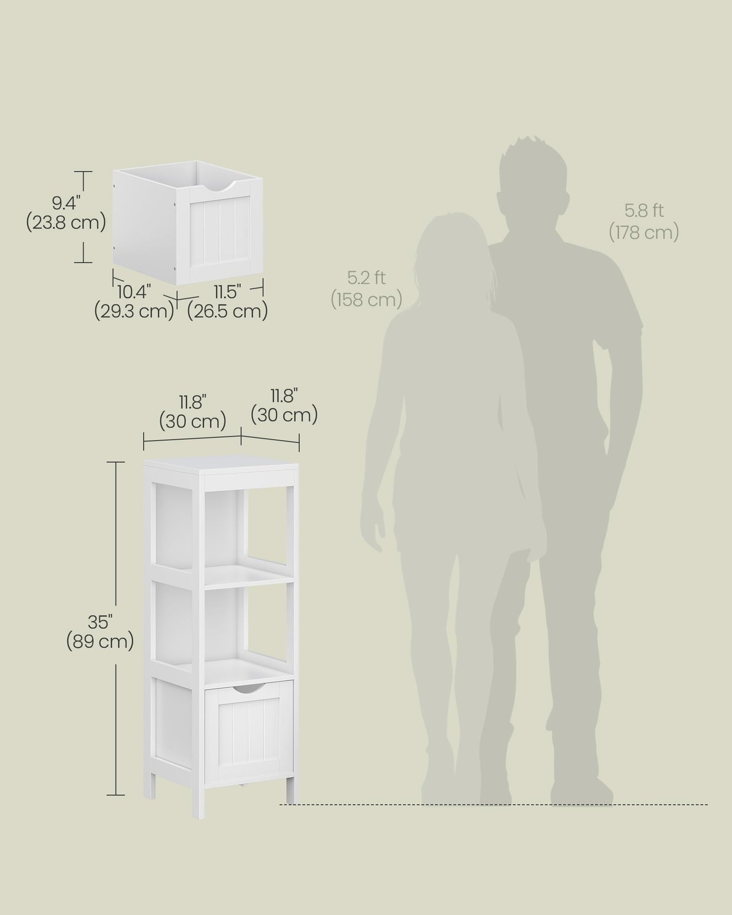 VASAGLE Bathroom Floor Cabinet, Bathroom Storage Organizer Rack Stand, Multifunctional Corner Unit, 2 Drawers, 89 cm in Height, White UBBC42WT VASAGLE