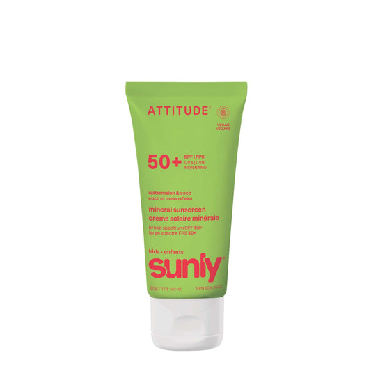 ATTITUDE Kids Mineral Sunscreen SPF 50, Broad Spectrum Zinc Oxide, EWG Verified, Mineral-Based, Non-Nano, Lightweight Cream for Face & Body, Gentle Formula, Watermelon & Coco Scent, 80 grams - Available at All In One Marketplace Canada