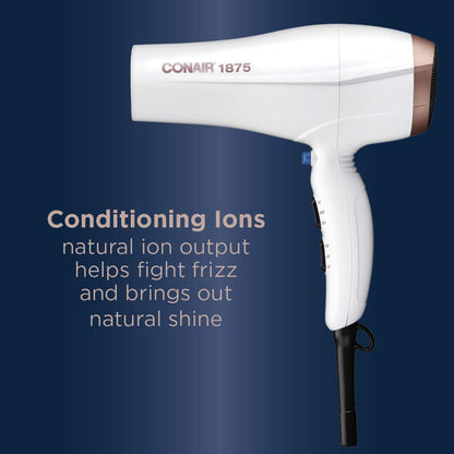 Conair Double Ceramic 1875W Hair Dryer, 3 Heat/ 2 Speed Blow Dryer, Powerful and Fast Drying, Includes Concentrator, Cool Shot Button, Removable Filter, White, Travel hair dryer Conair