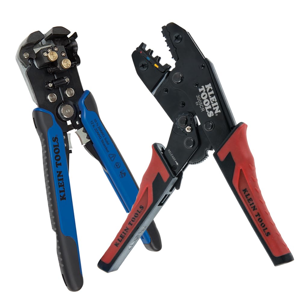 Klein Tools 80013 Wire Stripper/Ratcheting Crimper, Electrical Crimping Tool Kit with Automatic Wire Stripper and Ratcheting Insulated Terminal Crimper, 2-Piece