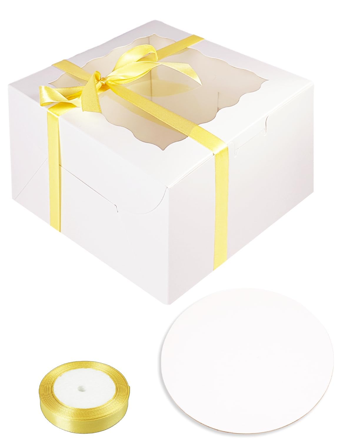qiqee 10x10x5 Cake Box, 18 Sets White Cake Box with Window ＆ 18 Sets 10" White Cake Round Boards, 10inch Cake Containers & 10 Meters Gold Silk Ribbon 🍁 All In One Marketplace Canada