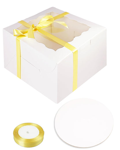 qiqee 10x10x5 Cake Box, 18 Sets White Cake Box with Window ＆ 18 Sets 10" White Cake Round Boards, 10inch Cake Containers & 10 Meters Gold Silk Ribbon 🍁 All In One Marketplace Canada