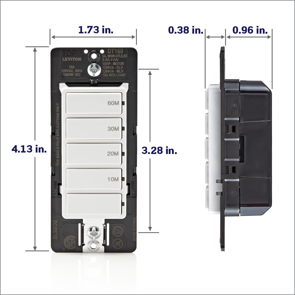 Leviton Countdown Timer Switch, 10-20-30-60 min, No Neutral Required, Single Pole, 15 Amp, DT160-1LW, White 🍁 All In One Marketplace Canada