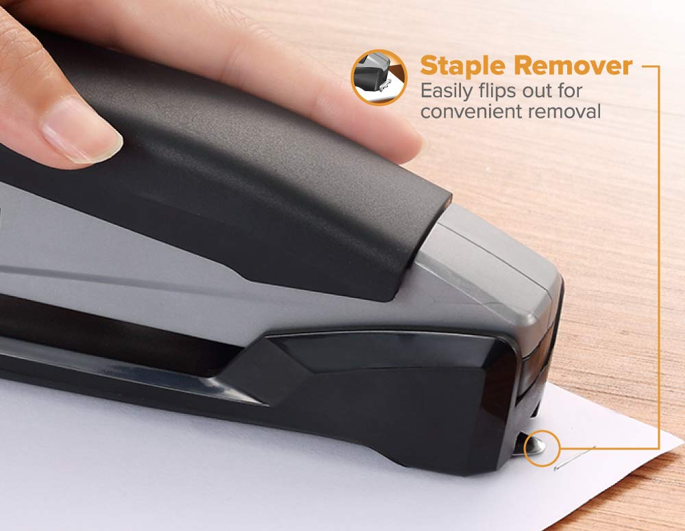 Bostitch Office Executive 3 in 1 Stapler, Includes 210 Staples and Integrated Staple Remover, One Finger Stapling, No Effort, 20 Sheet Capacity, Spring Powered Stapler, Black/Gray (INP20) Bostitch