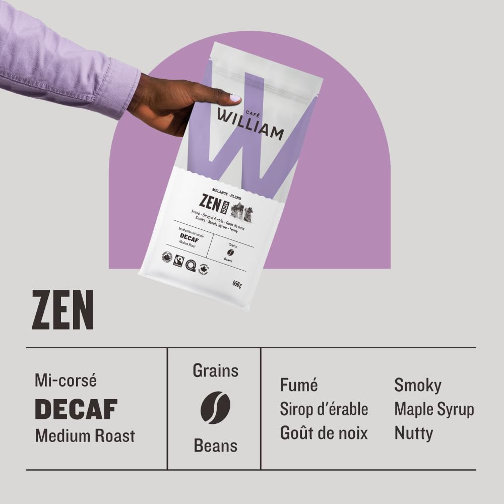 ZEN Organic Decaf Medium Roast Whole Bean Coffee | Water-Processed | Smoky, Maple & Nutty Flavors | Espresso & Filter Compatible | Canadian Roasted | 650g (2-Pack)