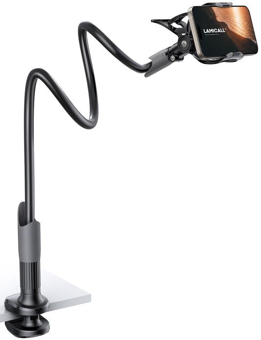 Phone Holder Bed Gooseneck Mount - Lamicall Cell Phone Stand Clamp Clip for Desk, Flexible Lazy Long Arm Headboard Bedside for iPhone 13 14 15 16 17 Pro Max Mini Plus, S24 S25 Ultra, 4-7" Smartphones