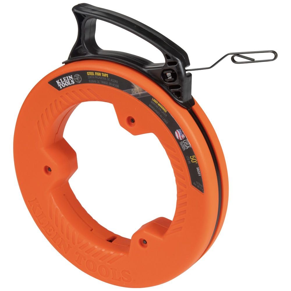 Klein Tools 56331 50-Foot Electrical Fish Tape, Steel Wire Puller with Double Loop Tip, Optimized Housing and Handle, 1/8-Inch,Orange/Black KLEIN TOOLS