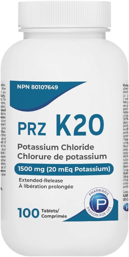 Pharmaris K-20 Potassium Chloride 1500mg Extended Release Tablets, Provides 20 mEq Potassium, Electrolyte Replenisher for Hypokalemia Treatment, Daily Use Supplement, 100 Tablets - Available at All In One Marketplace Canada