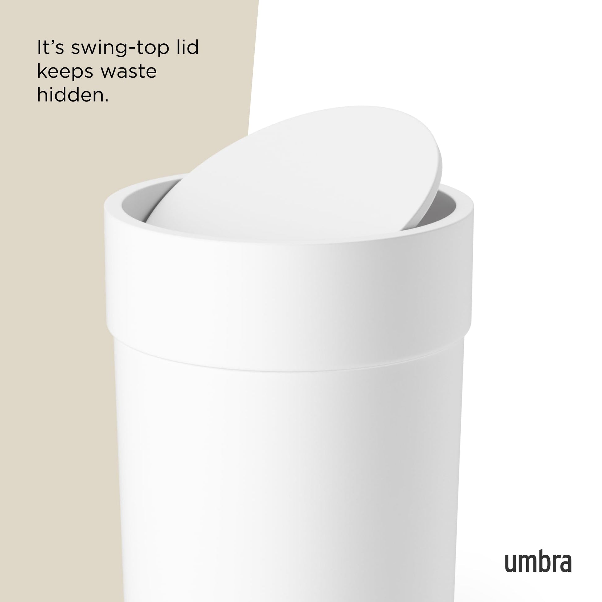 Umbra Touch Trash Can, Small 1.6-Gallon Garbage Bin with Swing Lid, Waste Basket for Bathroom or Office, White Umbra