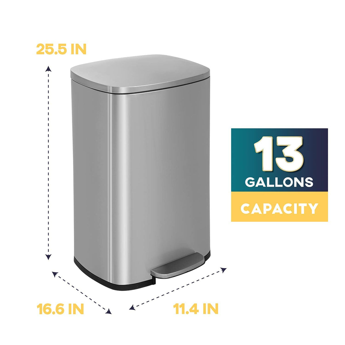 FDW 13 Gallon/50L Trash Can, Stainless Steel Kitchen Wastebaskets with Lid, Fingerprint-Proof, Slow Close for Office Bedroom Bathroom （Stainless Steel）