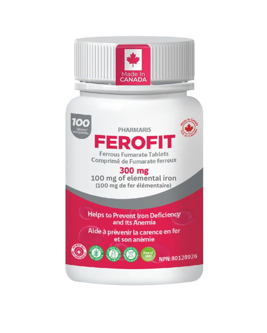 Pharmaris Ferofit - Ferrous Fumarate 300mg (100mg Elemental Iron), Prevents Anemia Due to Deficiency, Iron Supplements for Women & Men, 100 Tablets - Available at All In One Marketplace Canada